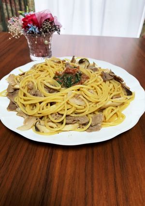 ☆簡単☆豚とエリンギの和風パスタ梅肉添え-レシピのメイン写真