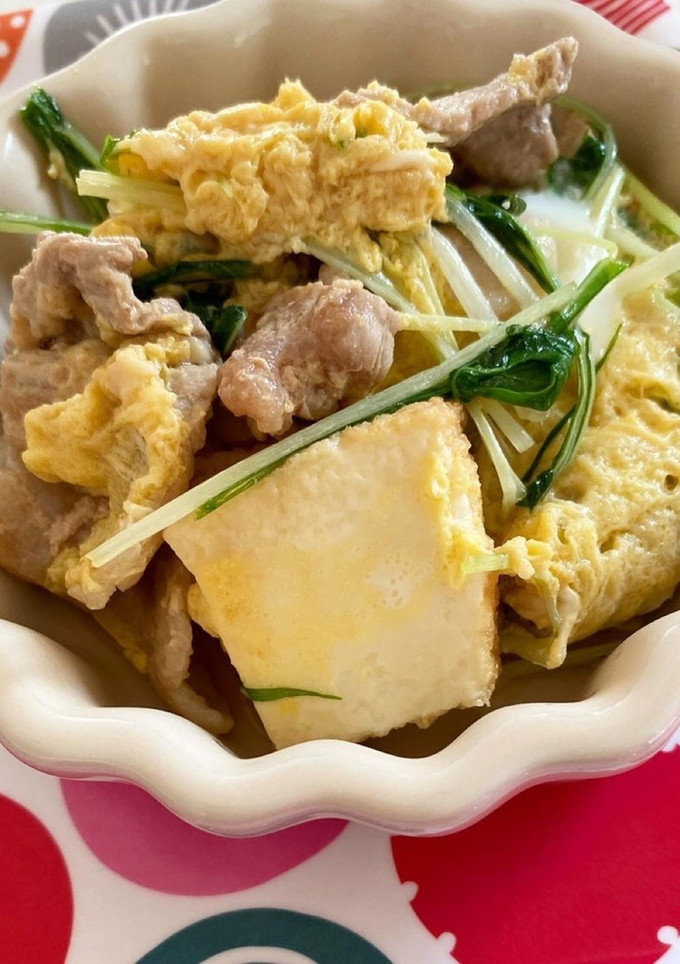 水菜(豆苗)と豚こまと厚揚げの卵とじ。-レシピのメイン写真