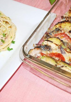 夏野菜と鰯の重ね焼き＆カルボ風野菜パスタ-レシピのメイン写真