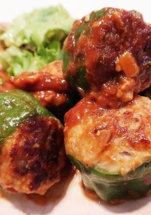 ピーマンに豚肉団子詰め込み焼き♪-レシピのメイン写真