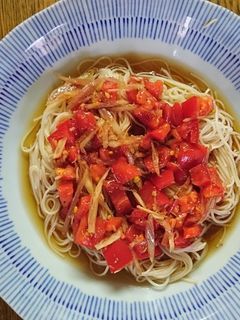 簡単!トマトとみょうがのさっぱりそうめん-レシピのメイン写真
