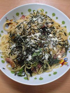 お一人料理 春菊とベーコンのパスタ-レシピのメイン写真