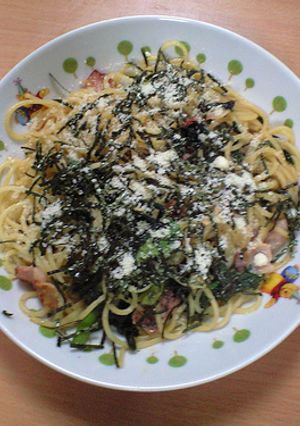 お一人料理　春菊とベーコンのパスタ-レシピのメイン写真