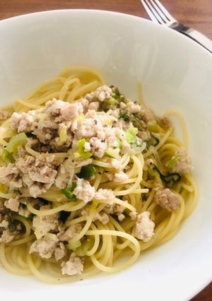 鶏ひき肉と葱のパスタ-レシピのメイン写真
