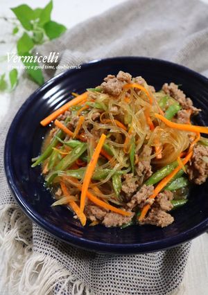 レンジで簡単！ひき肉と野菜の春雨炒め-レシピのメイン写真