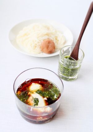 大葉ソースで【温玉大葉素麺】そうめん-レシピのメイン写真
