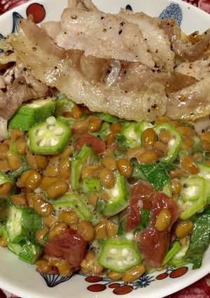 豚肉の塩焼きとさっぱりオクラ納豆丼-レシピのメイン写真