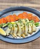 あわびときんこ芋のパセリバターソース