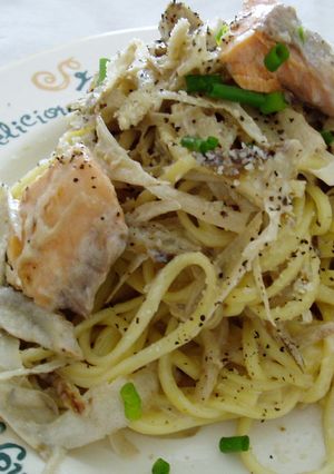 サケとごぼうのクリームパスタ♪-レシピのメイン写真