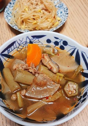 ずいきとオクラの牛肉スープ☆韓国猛暑対策-レシピのメイン写真