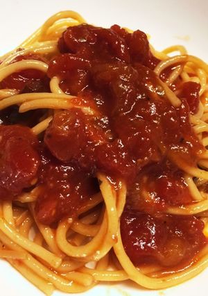 なすびと鶏肉風味のトマトパスタ！-レシピのメイン写真