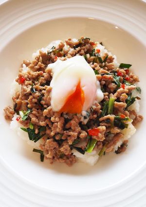 ひき肉とニラの甘辛にんにくごまだれ丼-レシピのメイン写真