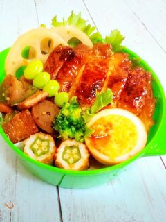 鶏のてりやきと煮卵と茄子味噌炒めお弁当-レシピのメイン写真
