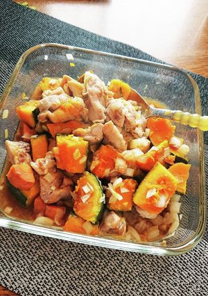 簡単レンジ☆鶏ももとかぼちゃの香味野菜煮-レシピのメイン写真