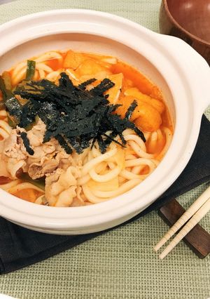 鍋の〆に！海苔たっぷりチゲ鍋うどん-レシピのメイン写真