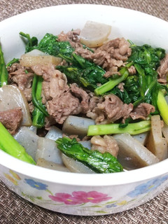 簡単牛肉こんにゃく春菊の炒め物-レシピのメイン写真