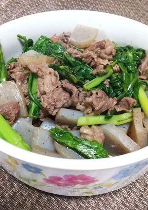 簡単牛肉こんにゃく春菊の炒め物-レシピのメイン写真