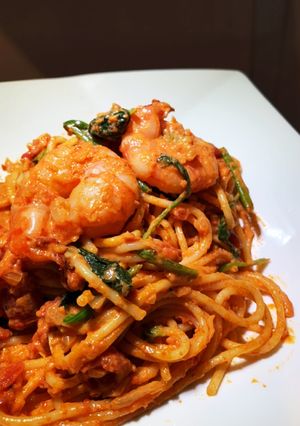 海老とほうれん草のトマトクリームパスタ-レシピのメイン写真