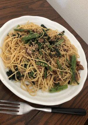 サバ缶醤油味と冷凍ほうれん草の簡単パスタ-レシピのメイン写真