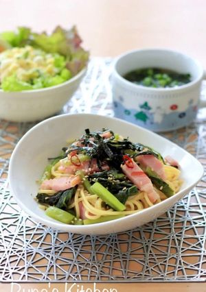 野沢菜とベーコンの大人パスタ-レシピのメイン写真