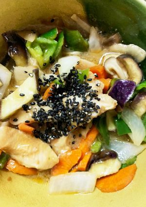 レンジ胸肉なす梅ワサビ照り焼青椒肉絲風-レシピのメイン写真