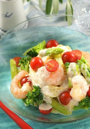 緑黄色野菜とエビの冷製明太クリームパスタ-レシピのメイン写真