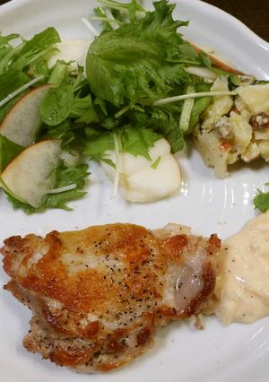 パリパリ皮のチキン+焼きナス-レシピのメイン写真