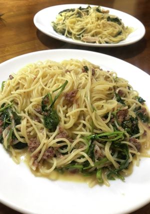 コーンビーフと空芯菜の韓国風パスタ-レシピのメイン写真