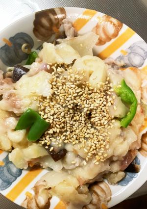 レンジ梅クリームソース豚こまのせドーム蒸-レシピのメイン写真