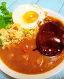 ハムピラフハンバーグ目玉焼きカレー