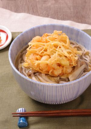 海老とごぼうのかき揚げのせ!かき玉そば-レシピのメイン写真