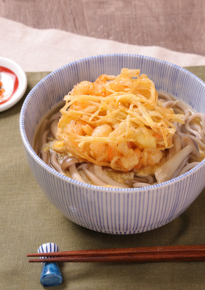 海老とごぼうのかき揚げのせ！かき玉そば-レシピのメイン写真