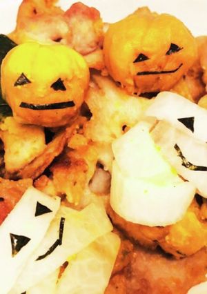 ハロウィンディナー豚肉かぼちゃ蓮根炒め-レシピのメイン写真
