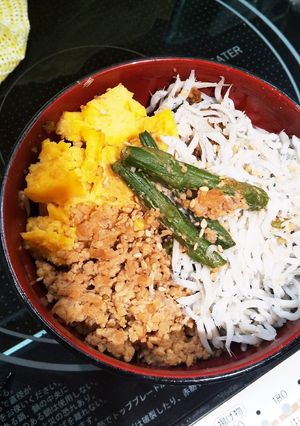 4色丼 鶏そぼろ、アスパラあえ。-レシピのメイン写真