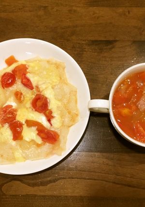 餅ピザとトマトコンソメスープ-レシピのメイン写真