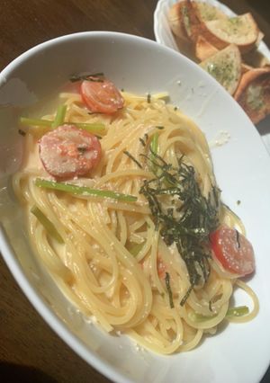 サツマイモの茎とトマトの明太子バター-レシピのメイン写真