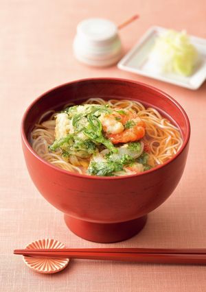 エビと春菊のかき揚げ温麺（うーめん）-レシピのメイン写真