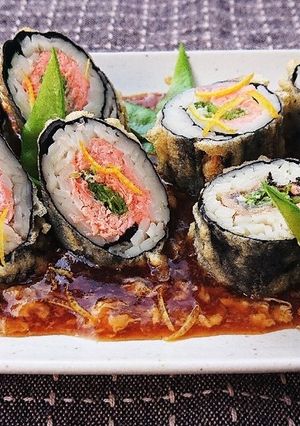 秋鮭とうどんの磯辺巻き揚げ-レシピのメイン写真