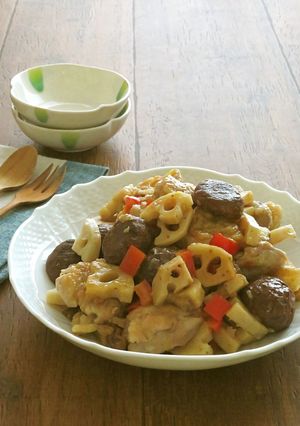 鶏もも肉と栗とれんこんのねぎ塩炒め-レシピのメイン写真