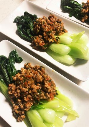青梗菜の瞬間蒸し　豚そぼろかけ-レシピのメイン写真