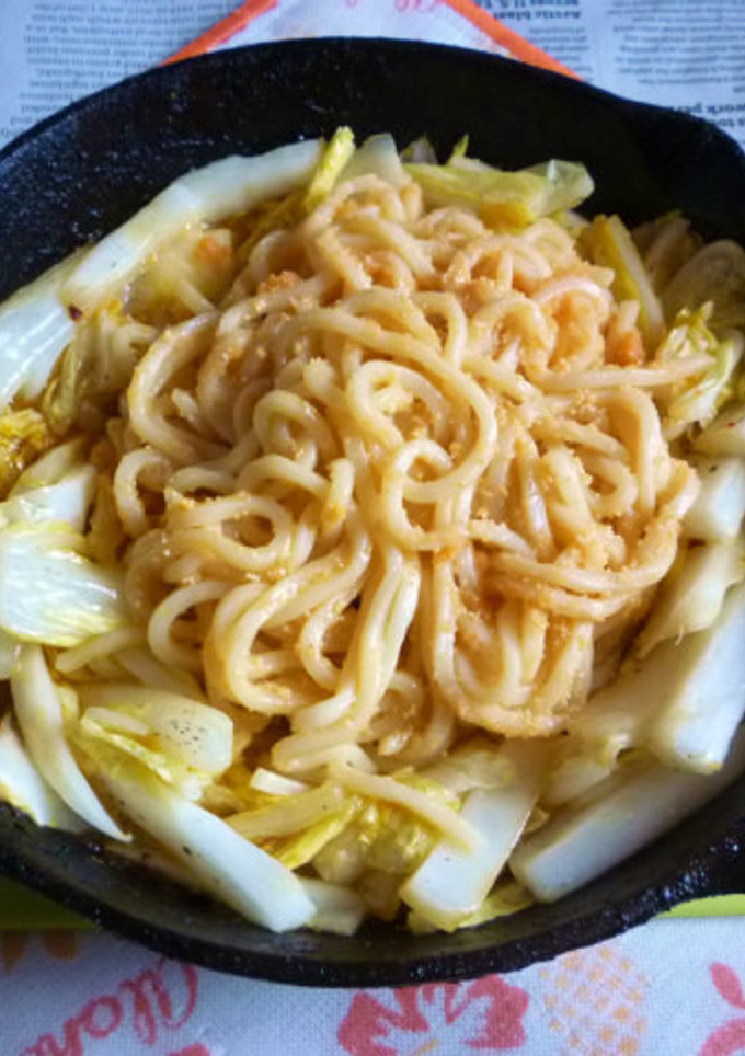 白菜のアヒージョ炒め＋明太焼きうどん-レシピのメイン写真
