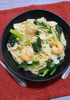 菜の花とエビのコンソメパスタ-レシピのメイン写真