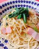 炒飯の素で☆ベーコンと小松菜のパスタ