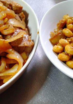 味噌漬け豚肉炒めと味噌大豆1-レシピのメイン写真