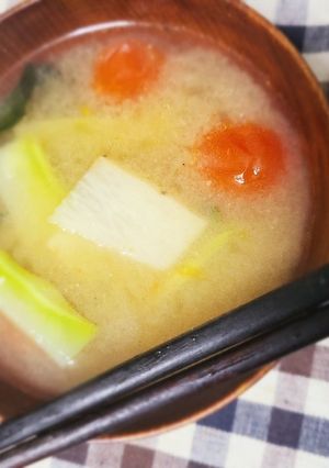 ブロッコリ茎、長芋トマトのおしゃれ味噌汁-レシピのメイン写真