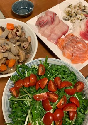 刺身メインで和風煮物と柚子胡椒サラダ-レシピのメイン写真