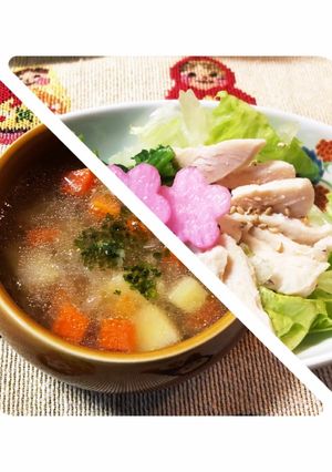 鶏ムネ肉でスープとサラダ(鶏様有難う編)-レシピのメイン写真