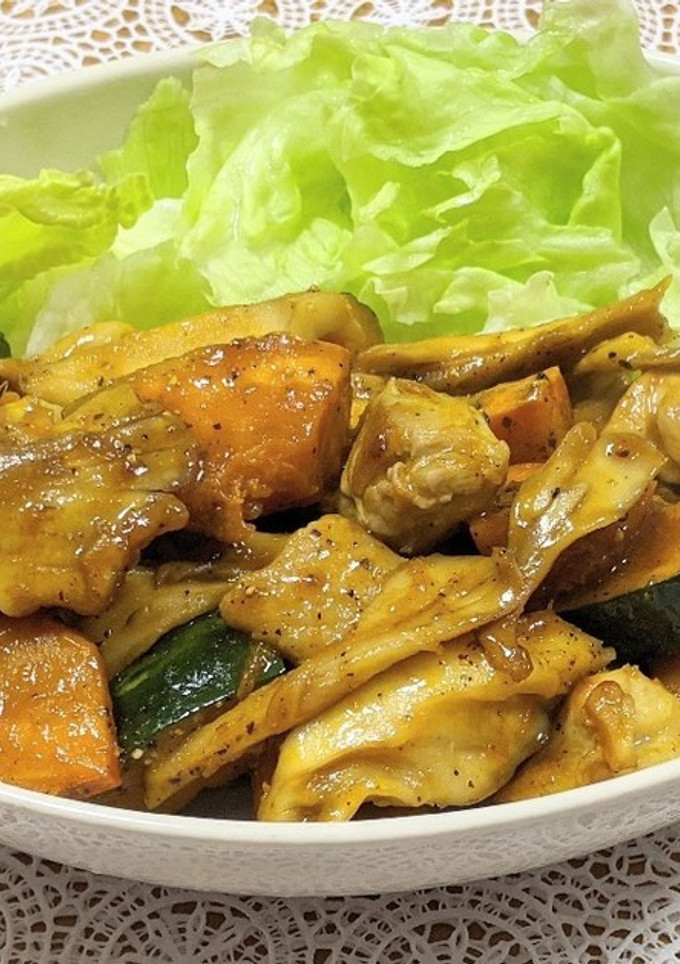 秋を楽しむ！南瓜・舞茸・鶏肉オイマヨ炒め-レシピのメイン写真