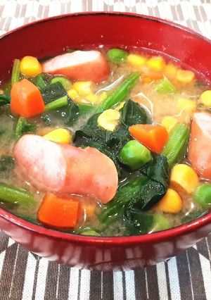 簡単♡ほうれん草とウインナーの味噌汁-レシピのメイン写真