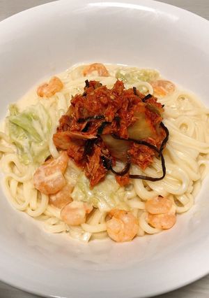 ツナキムチで味変！和風海鮮豆乳うどん-レシピのメイン写真